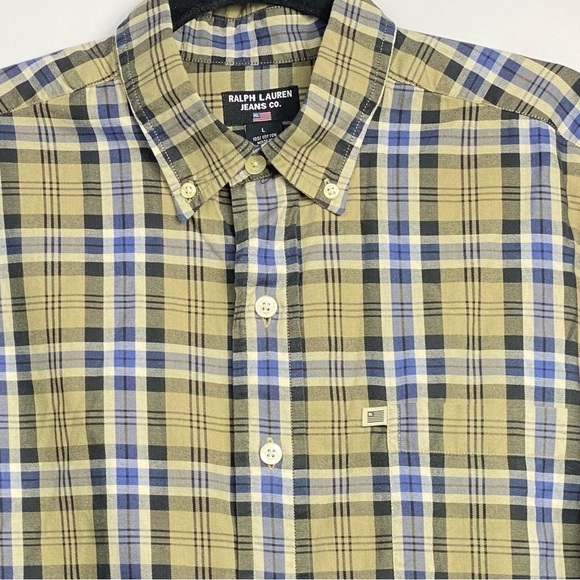 Ralph Lauren Jean Co. Men’s Sz Large Green & Blue Plaid Oxford Button Down - Picture 3 of 7